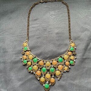 Gold Tone Bib Necklace with Yellow and Green Faux Stones